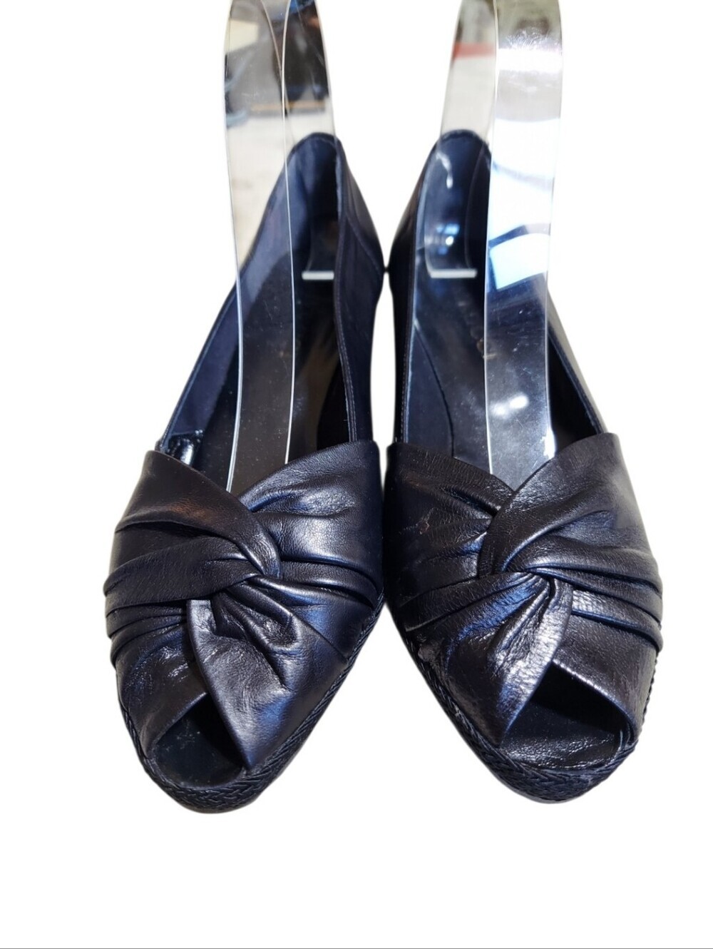 Sesto Meucci Black Leather Peep Toe Wedge Shoes 6.5 Made in Italy Comfort Luxury